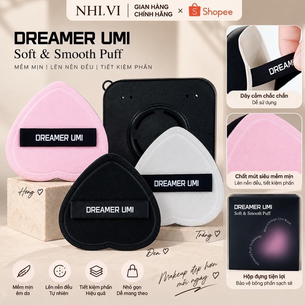 ฟองน้ำรองพื้นทรงหัวใจ DREAMER UMI พร้อมกล่องเก็บ เกลี่ยเนียน ดูดซับรองพื้นน้อย